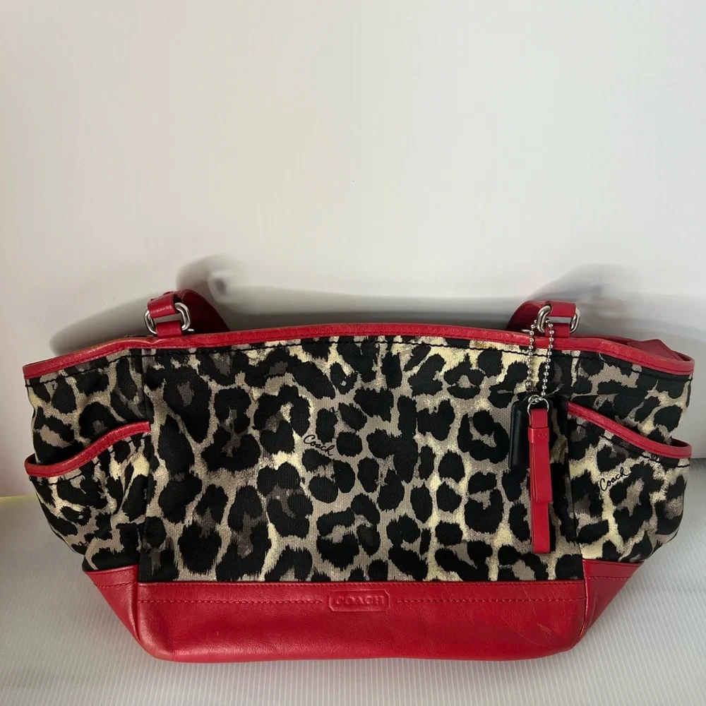 Coach ocelot leopard‎ red Carrie tote handbag
